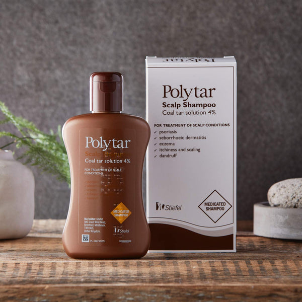 Polytar Scalp Shampoo bottle shown with its outer carton